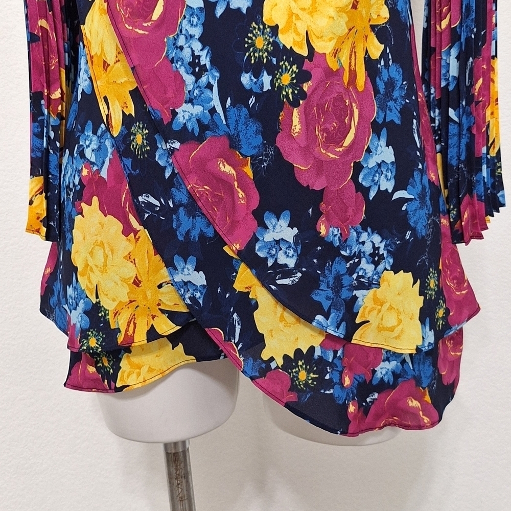 Laurie Felt Multicolor Floral Retro Bohemian Pleated Bell Sleeve Blouse Size XXS - Picture 4 of 13